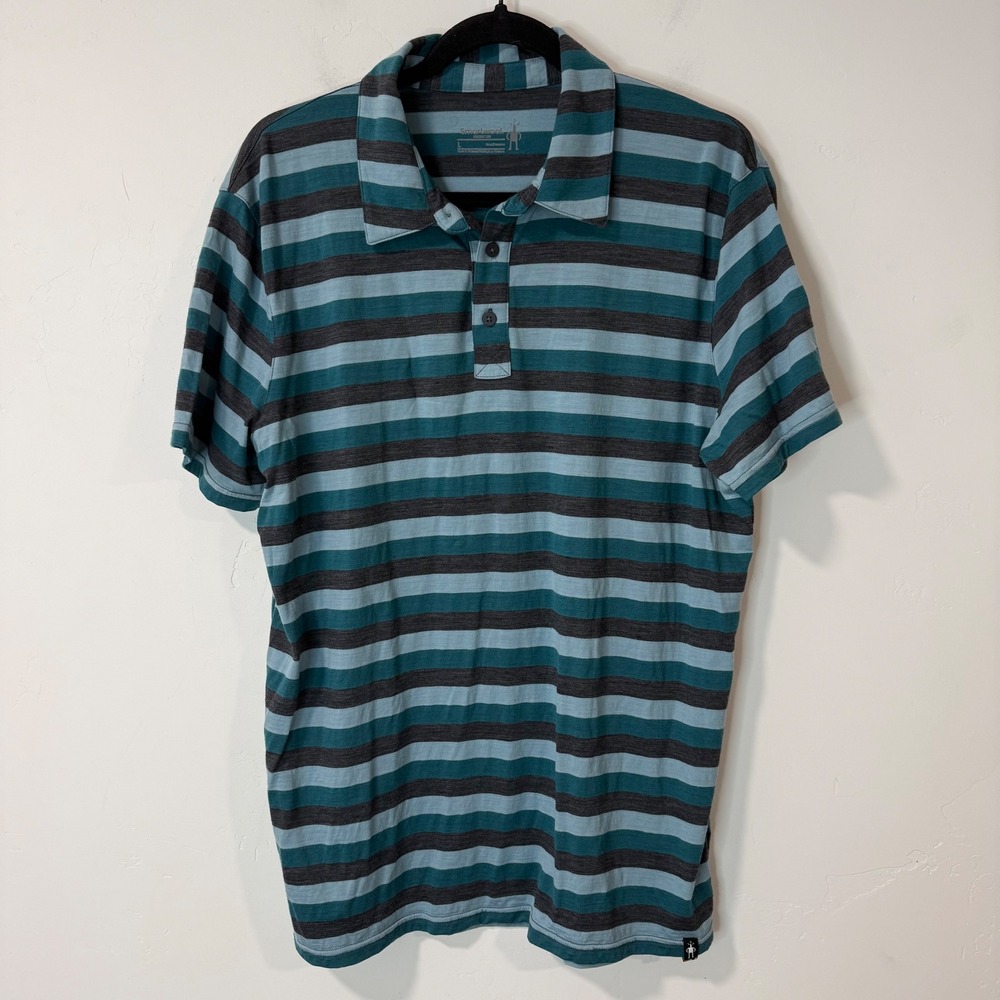 Smartwool Mens Polo Shirt Large Blue Striped Excellent Merino 150 SW000216